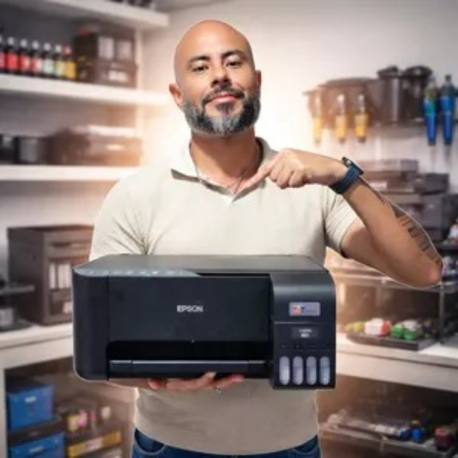 Marcelo Taketa em sua oficina de manutenção de impressoras